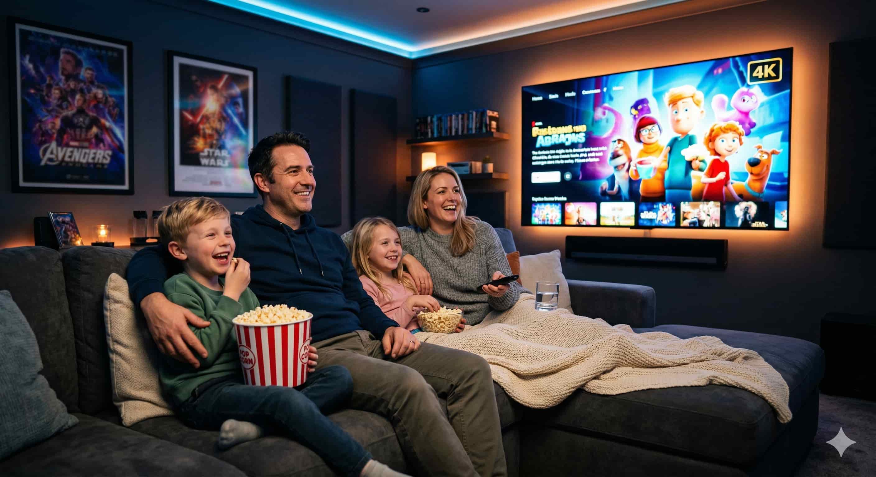 Family enjoying home cinema with IPTV